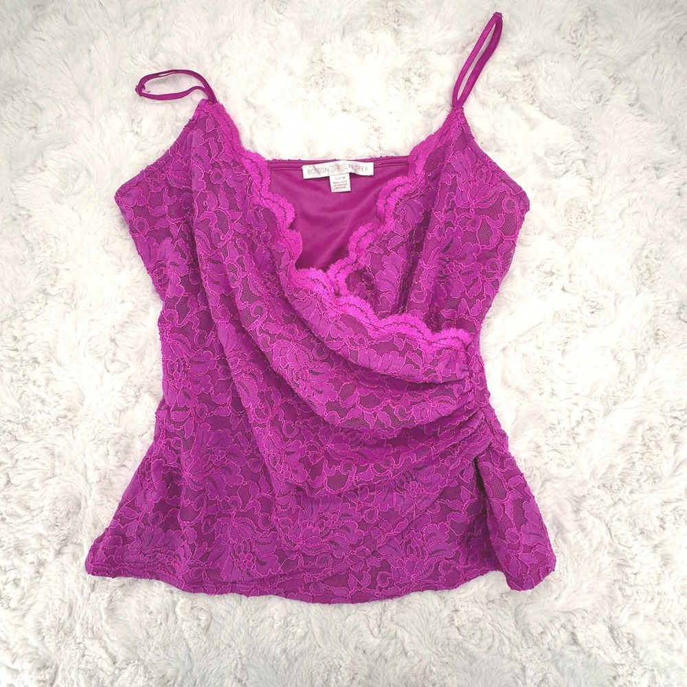 Boston Proper Womens Magenta Floral Lace Wrap Cami Top Ruched Scalloped Size M - Picture 3 of 11